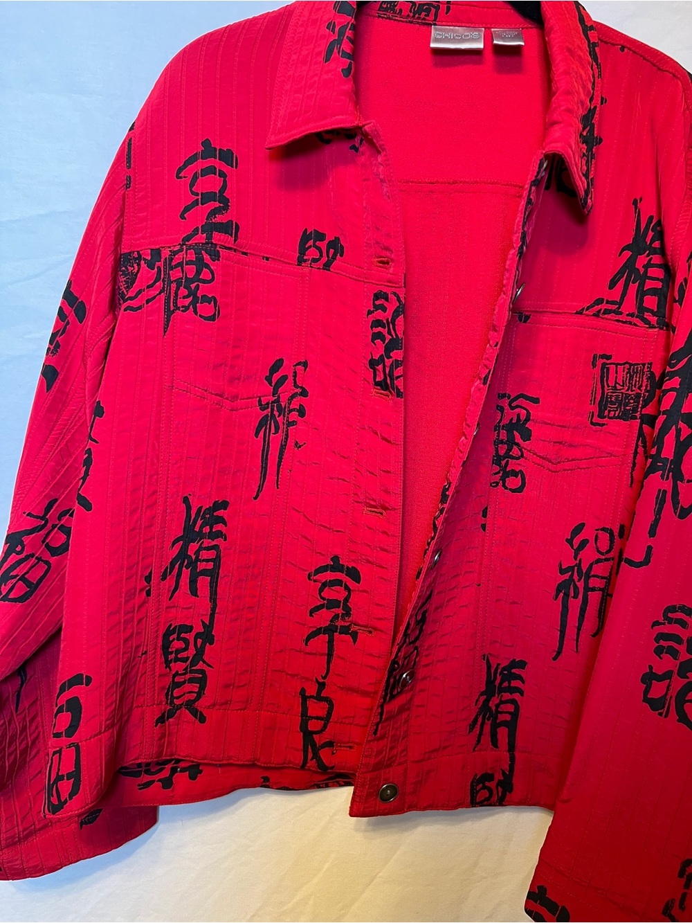 Chicos Red Jacket with Black Asian Character Print